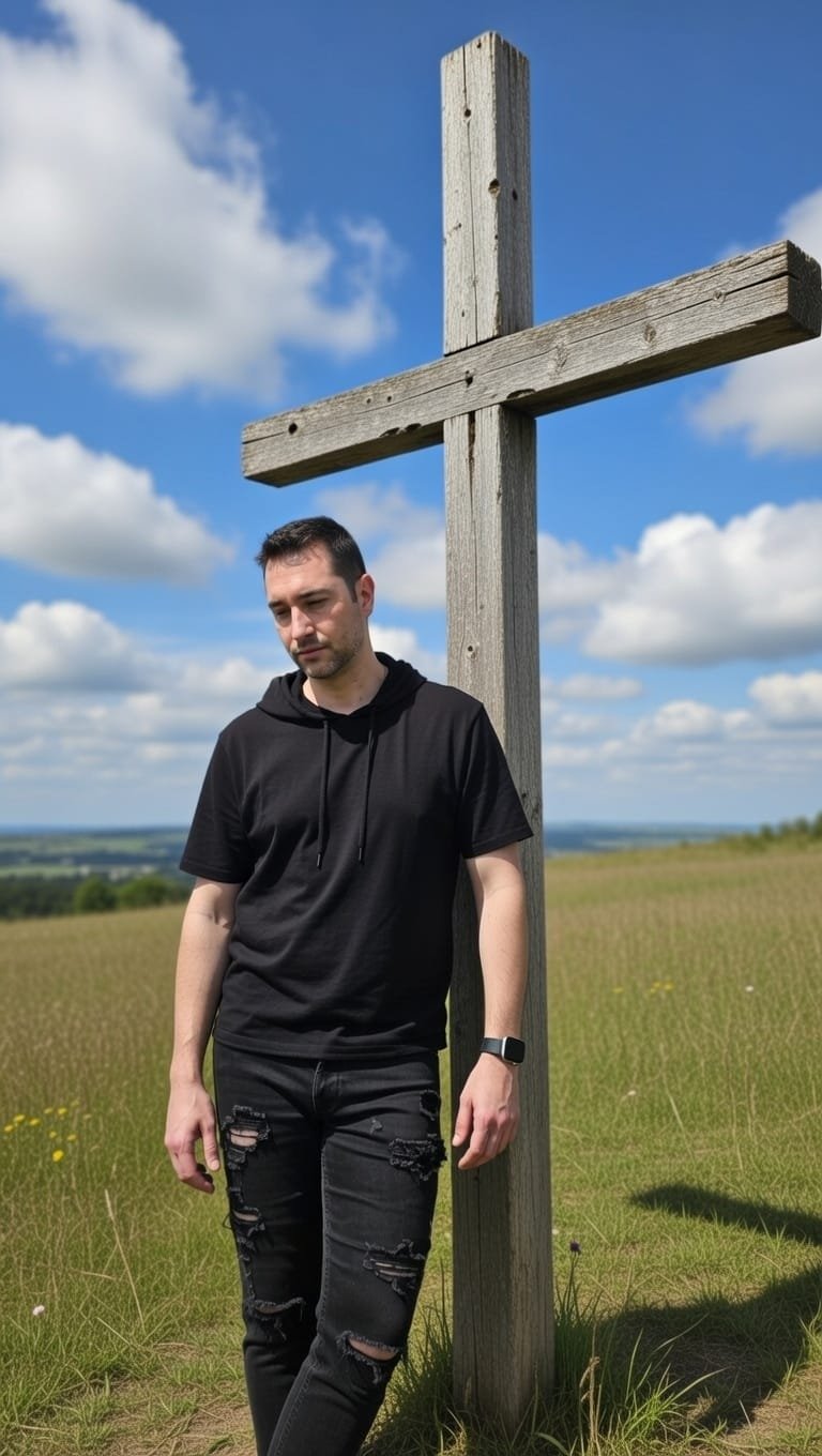 David Birnie standing beside a weathered wooden cross