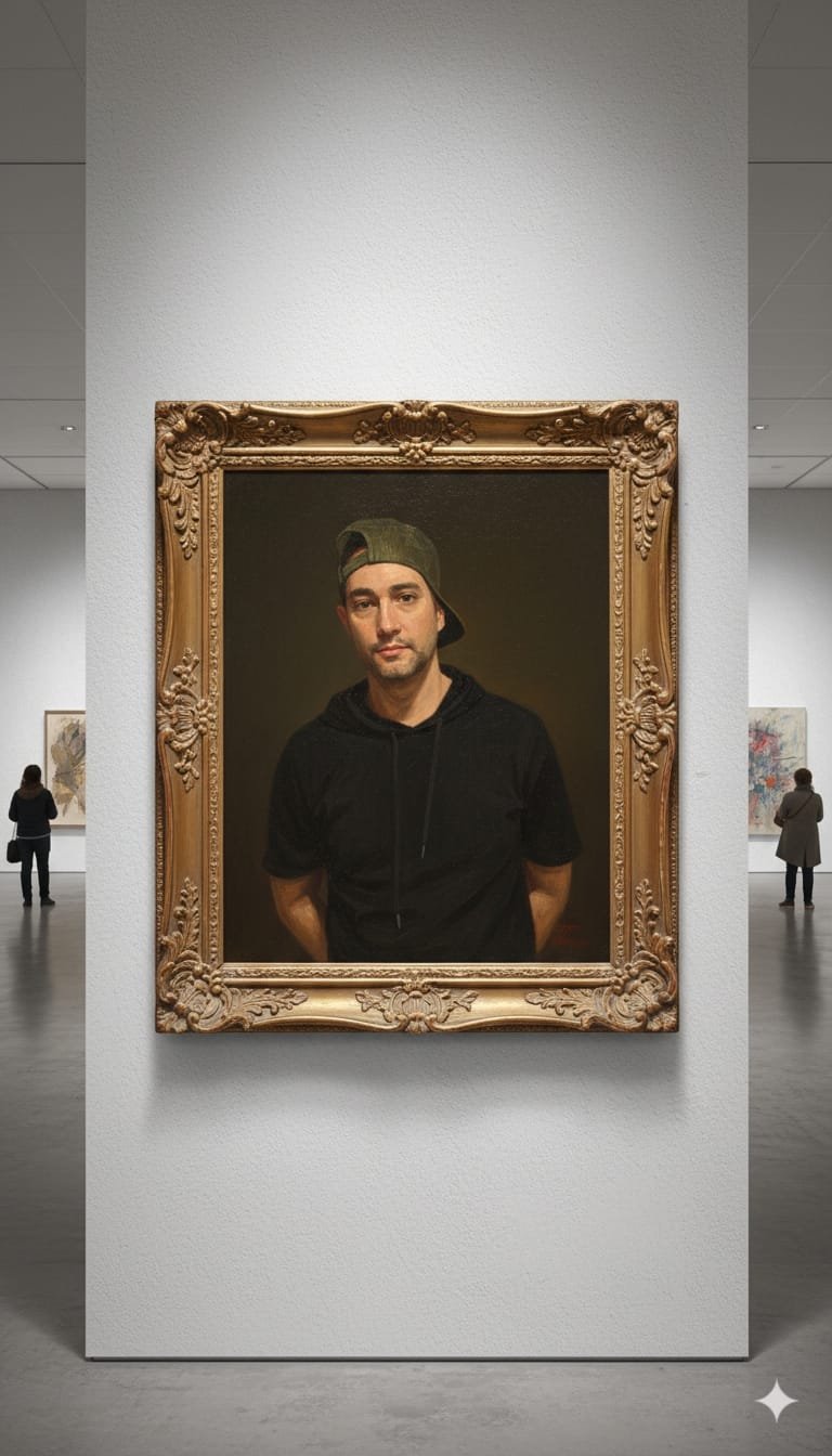 Painted portrait of David Birnie hanging in a gallery