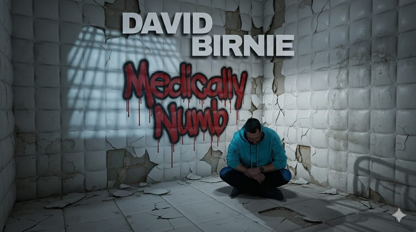Medically Numb single artwork — David Birnie seated in a cracked padded room