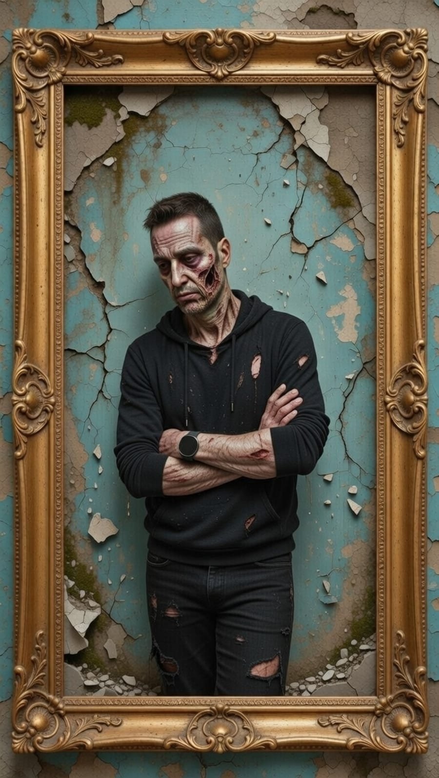 Testimony of a Nobody artwork — David Birnie as a decaying man inside an ornate gilded frame on a crumbling wall